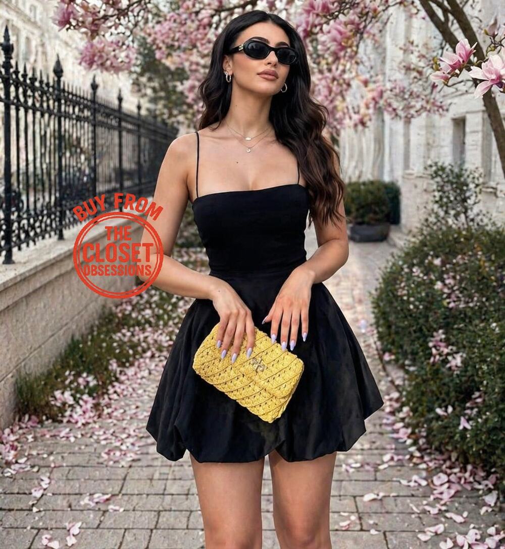 ZARA Black Balloon Hem Mini Dress Strappy Fit Flare NWT Size M